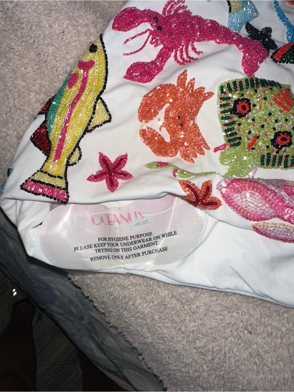 White One-Piece Swimsuit with Multicolor Sequin Sea Life Embroidery - Picture 2 of 3